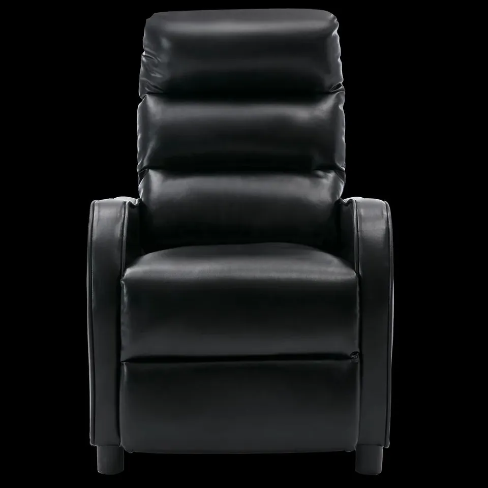 BOXED DESIGNER BLACK LEATHER PUSHBACK RECLINING EASY CHAIR (1 BOX)