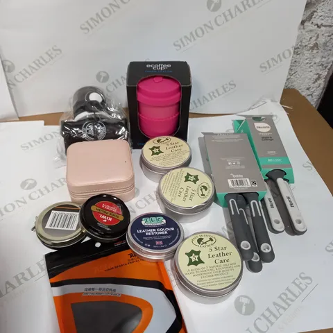 LOT OF ASSORTED HOUSEHOLD ITEMS TOO INCLUDE MUGS AND LEATHER KITS