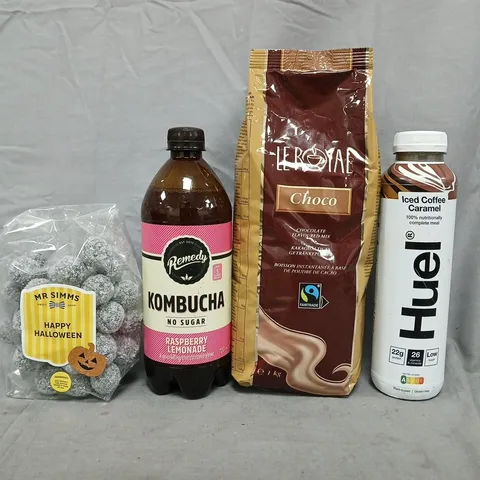 APPROXIMATELY 10 ASSORTED FOOD AND DRINK ITEMS TO INCLUDE HUEL, KAMBUCHA, ETC