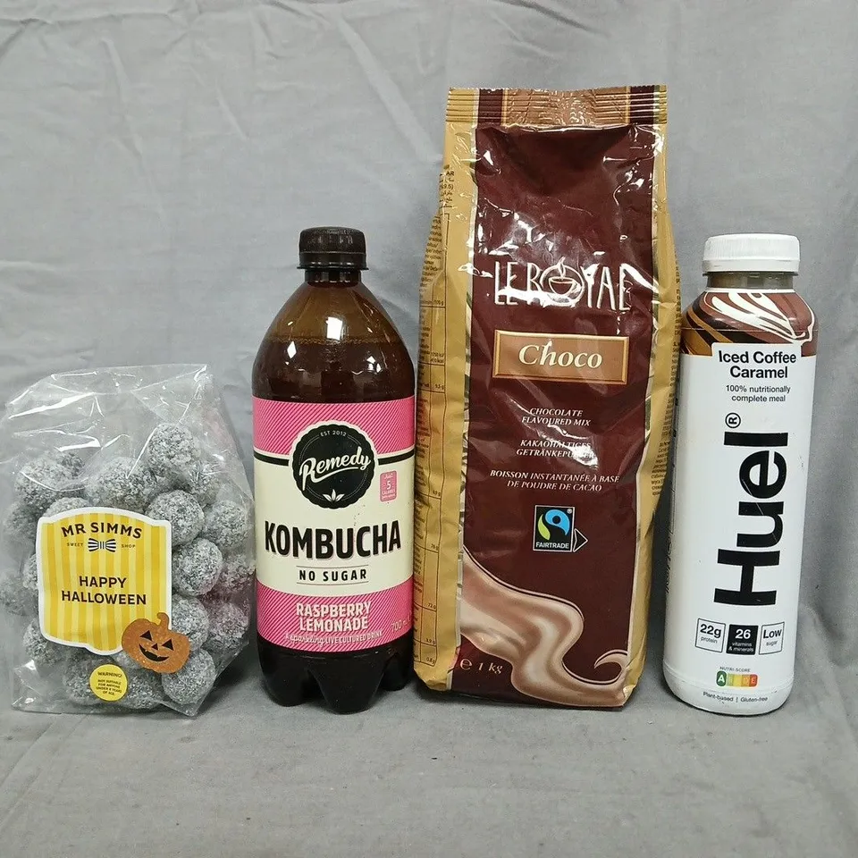 APPROXIMATELY 10 ASSORTED FOOD AND DRINK ITEMS TO INCLUDE HUEL, KAMBUCHA, ETC