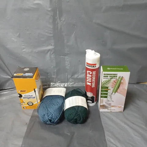 APPROXIMATELY 15 HOUSEHOLD ITEMS TO INCLUDE RECHARGEABLE HAND FROTHER, BIC PENS AND KNITTING YARN