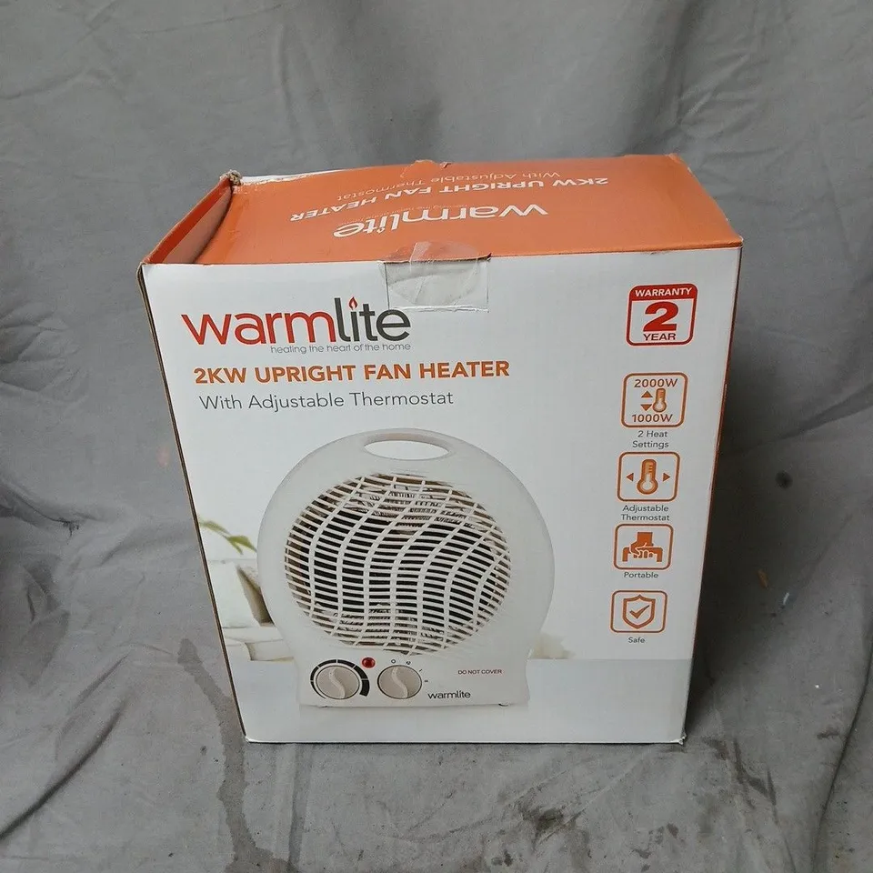 WARMLITE 2KW UPRIGHT FAN HEATER WITH ADJUSTABLE THERMOSTAT
