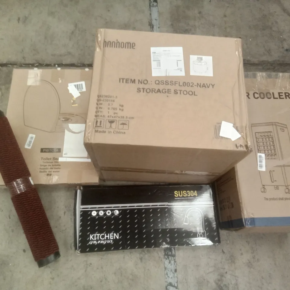 PALLET OF ASSORTED ITEMS INCLUDING STORAGE STOOL, AIR COOLER, KITCHEN FAUCET, TOILET SEAT, DOOR MAT, PARASOL BASE