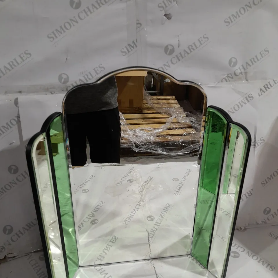 BOXED JULIAN MCDONALD FOLDING MIRROR WITH GREEN STAINED GLASS