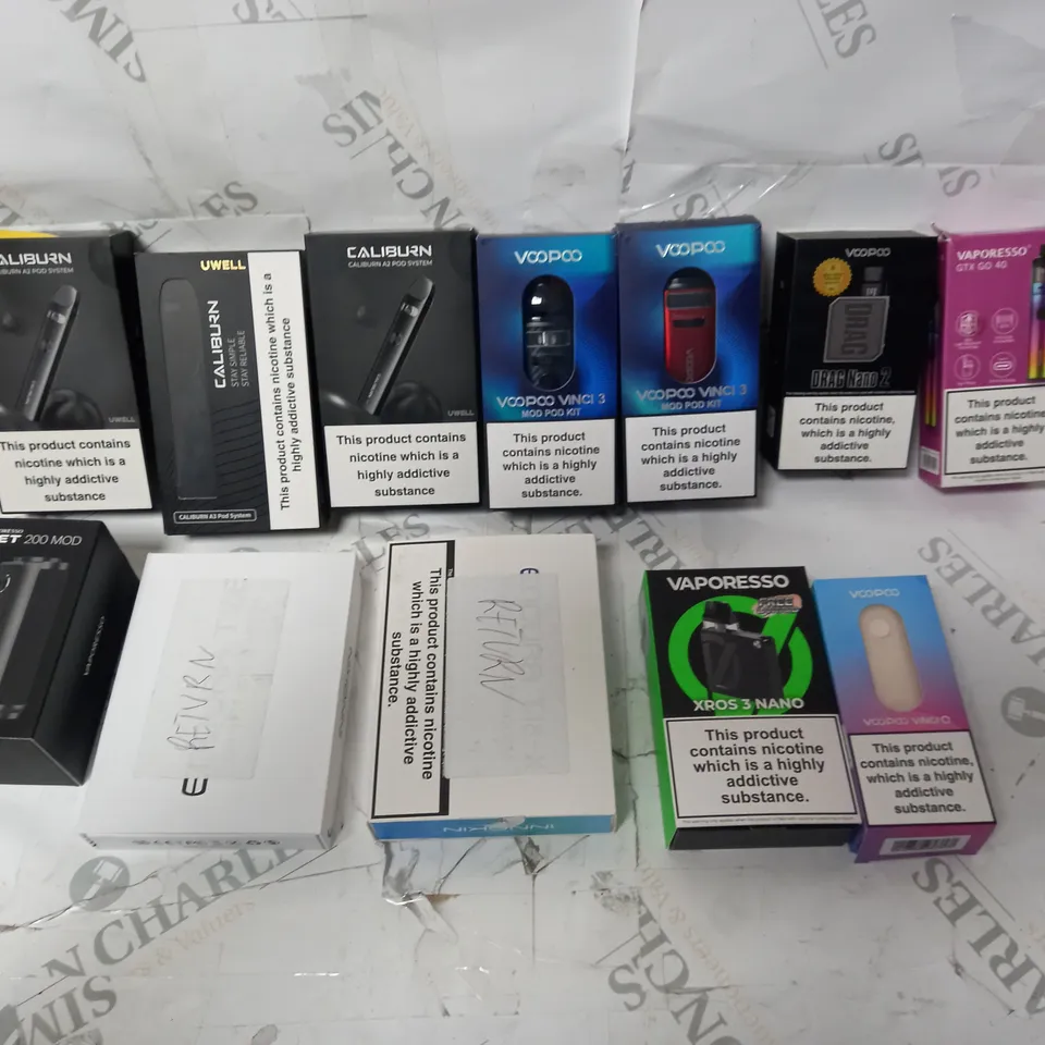 BOX OF APPROX 12 ASSORTED E-CIGARETTES TO INCLUDE - UWELL CALIBURN TENAT - INNOKIN ENDURA T18-X - VOOPOO VINCI 3