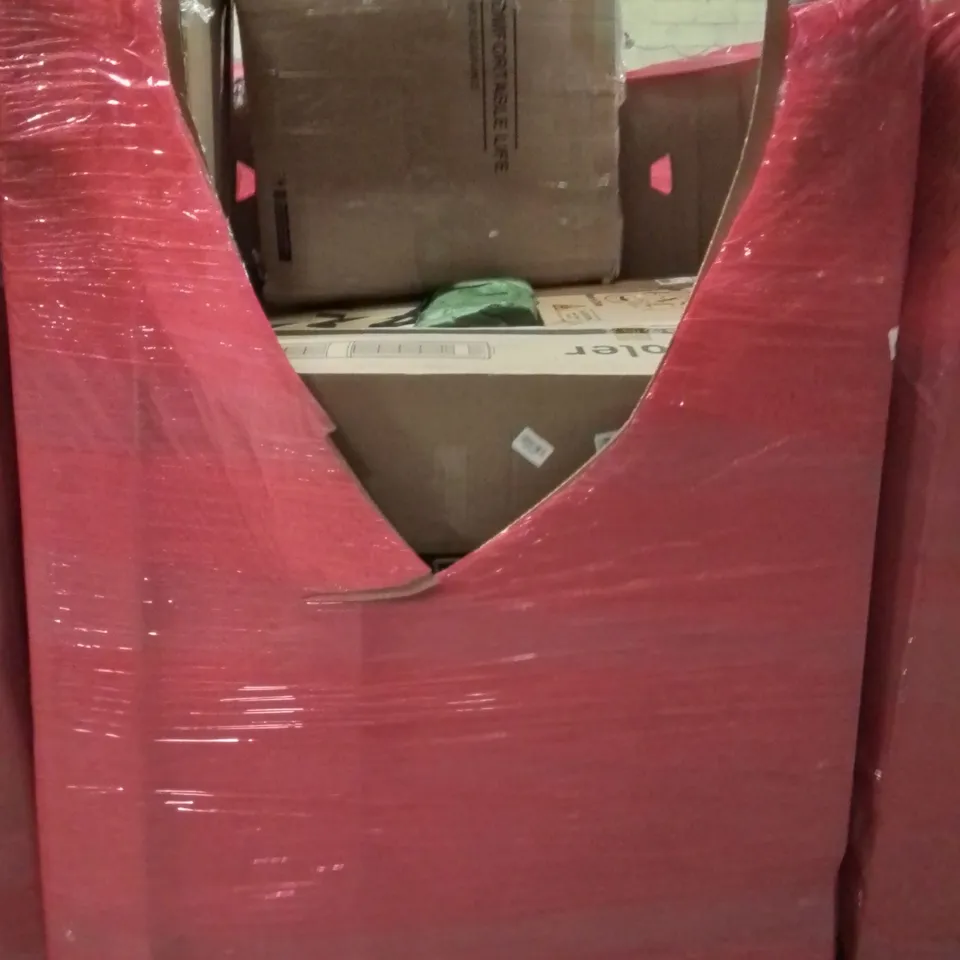 PALLET CONTAINING VARIOUS ASSORTED BOXED HOUSEHOLD ITEMS TO INCLUDE: AIR COOLER,  RETRACTABLE GARDEN HOSE REEL, MAKEUP MIRROR,  PC MONITOR AND LOTS MORE UNMARKED BOXED ITEMS 
