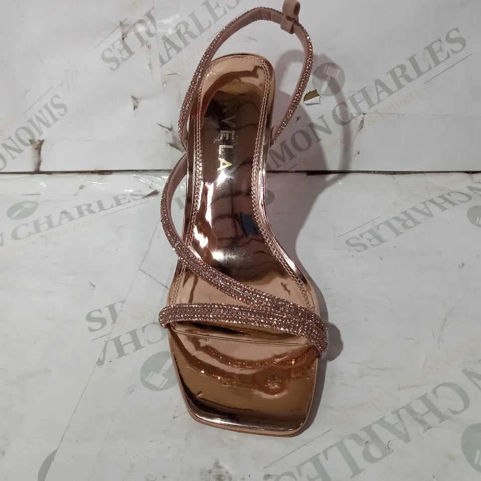 BOXED PAIR OF CARVELA STILETTO SANDAL HEELS IN ROSE GOLD COLOUR WITH JEWEL EFFECT EU SIZE 41