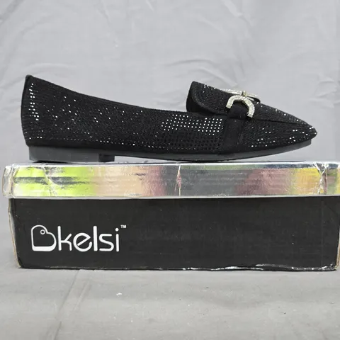 BOXED PAIR OF KELSI SLIP-ON SHOES IN BLACK W. DIAMANTE EFFECT SIZE EU 38