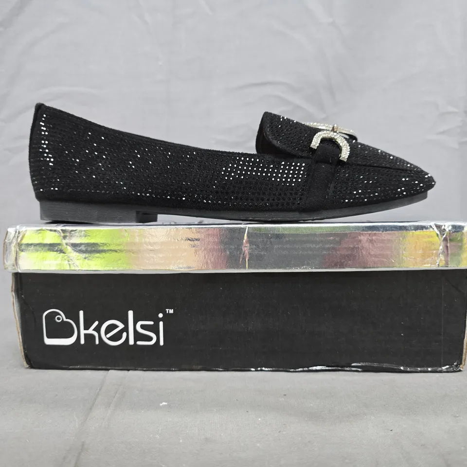 BOXED PAIR OF KELSI SLIP-ON SHOES IN BLACK W. DIAMANTE EFFECT SIZE EU 38