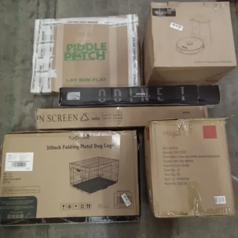 PALLET OF ASSORTED ITEMS INCLUDING PROSCENIC ROBOT VACUUM CLEANER, FURDREAMS 30" FOLDING METAL DOG CAGE, SILVER & WHITE ADVENT NUTCRACKER, ODINE I SOUNDBAR SYSTEM, CALIFORNIA RUG 