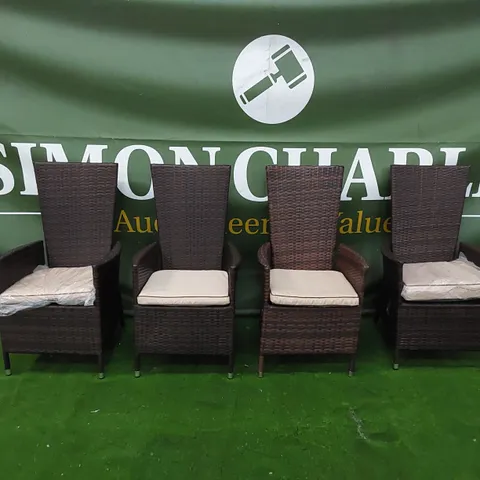 4 X DESIGNER MANUAL RECLINER GARDEN CHAIRS IN CHOCOLATE MIX RATTAN WITH CUSHIONS