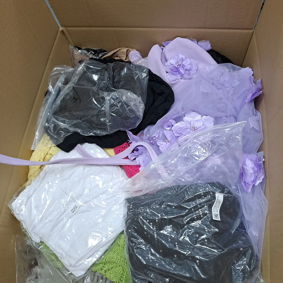 BOX OF ASSORTED CLOTHING ITEMS TOO INCLUDE JUMPERS, SHIRTS AND TROUSERS IN VARIOUS SIZES AND COLOURS   