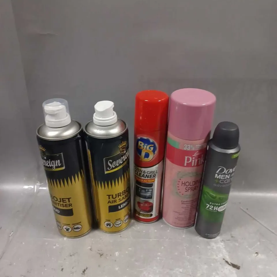 APPROXIMATELY 8 ASSORTED AEROSOLS TO INCLUDE - SOVEREIN AIR SANITISER - LUSTERS PINK HOLDING SPRAY - BIG D OVEN & GRILL CLEANER - COLLECTION ONLY