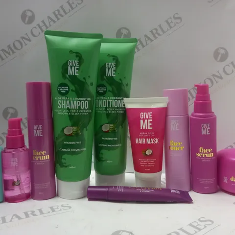 BOX OF APPROX 10 ASSORTED GIVE ME PRODUCTS TO INCLUDE HAIR OIL, FACE SERUM, HAIR MASK, ETC