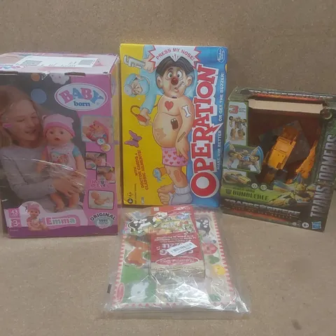 BOX TO CONTAIN A LARGE ASSORTMENT OF CHILDREN'S TOYS TO INCLUDE; BABY BORN DOLL, OPERATION, TRANSFORMERS FIGURE ETC