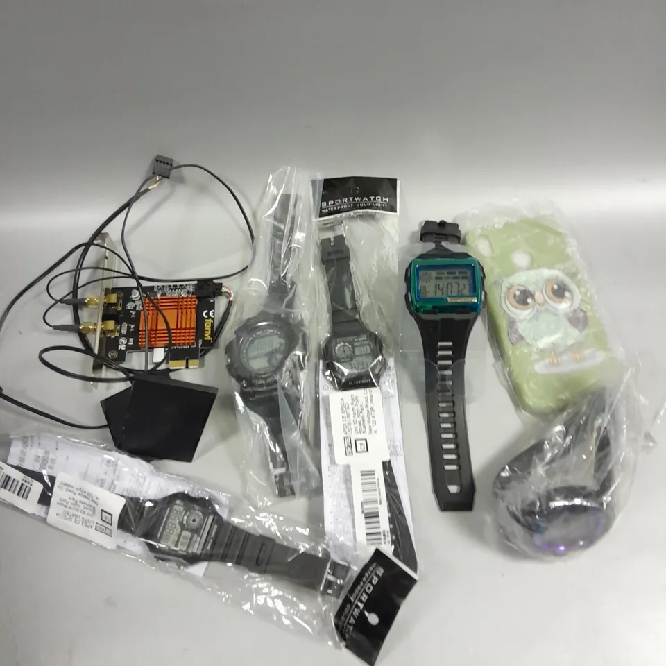 APPROXIAMTELY 10 ASSORTED ELECTRICAL PRODUCTS TO INCLUDE DIGITAL WATCHES, PROTECTIVE CASES, ANTENNA ETC 
