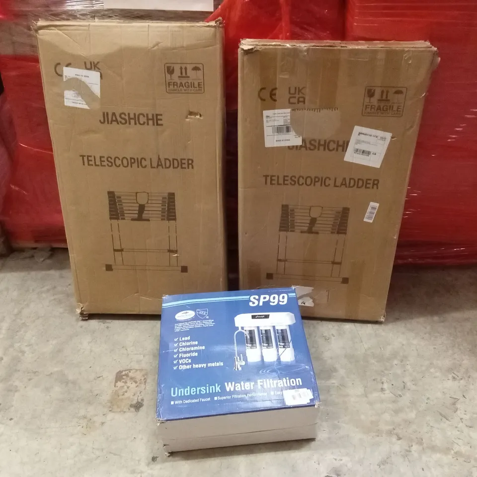 PALLET OF ASSORTED HOUSEHOLD GOODS AND PRODUCTS TO INCLUDE; TELESCOPIC LADDERS, UNDER SINK WATER FILTRATION SYSTEM ETC