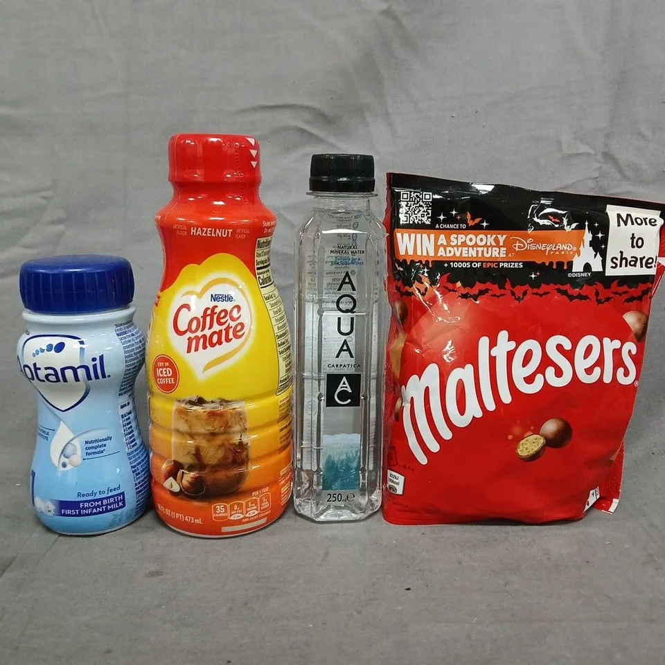 APPROXIMATELY 10 ASSORTED FOOD AND DRINK ITEMS TO INCLUDE MALTESERS, COFFEE MATE, AQUA, ETC