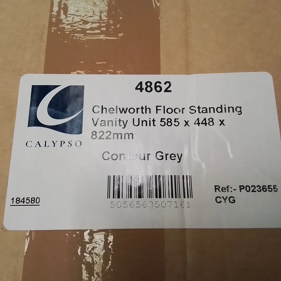 BOXED AS NEW CALYPSO CHELSWORTH FLOOR STANDING VANITY UNIT IN CONTOUR GREY - 585X448X822MM