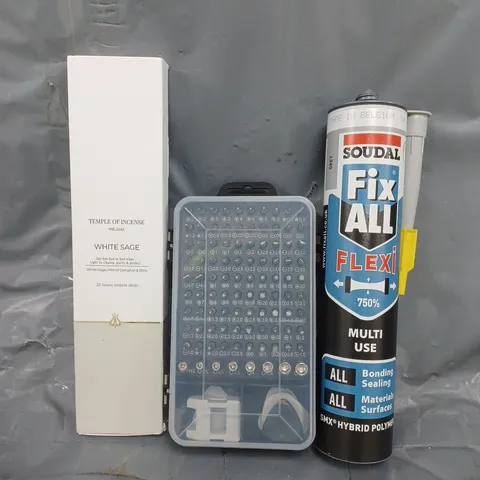 APPROXIMATELY 10 ASSORTED HOUSEHOLD ITEMS TO INCLUDE FIX ALL FLEXY POLYMER, TOOL KIT, INCENSE, ETC
