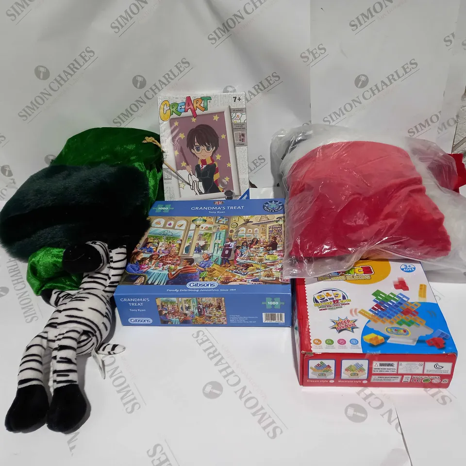 LARGE BOXO OF ASSORTED TOYS AND GAMES TO INCLUDE JIGSAWS, TEDDIES AND FANCY DRESS
