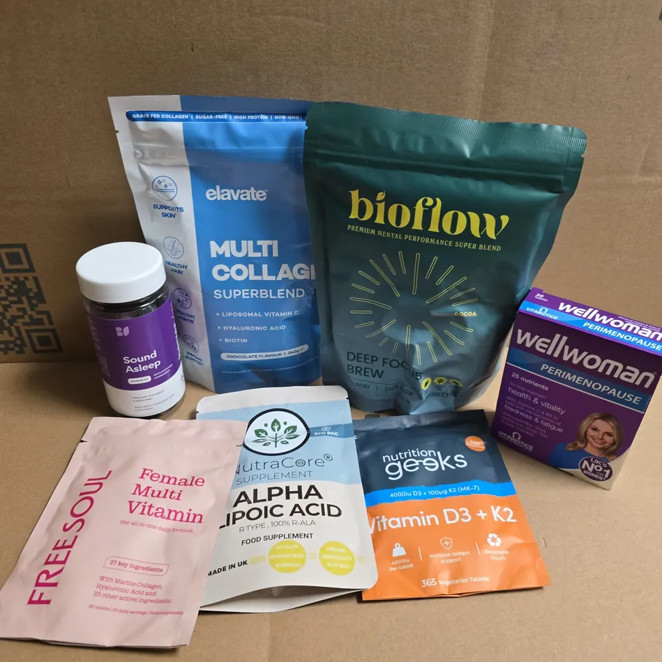 APPROXIMATELY 15 ASSORTED VITAMIN/HEALTH AID PRODUCTS TO INCLUDE ELAVATE MULTI COLLAGEN, BETTERVITS SOUND ASLEEP GUMMIES, BIOFLOW DEEP FOCUS BREW, ETC - COLLECTION ONLY