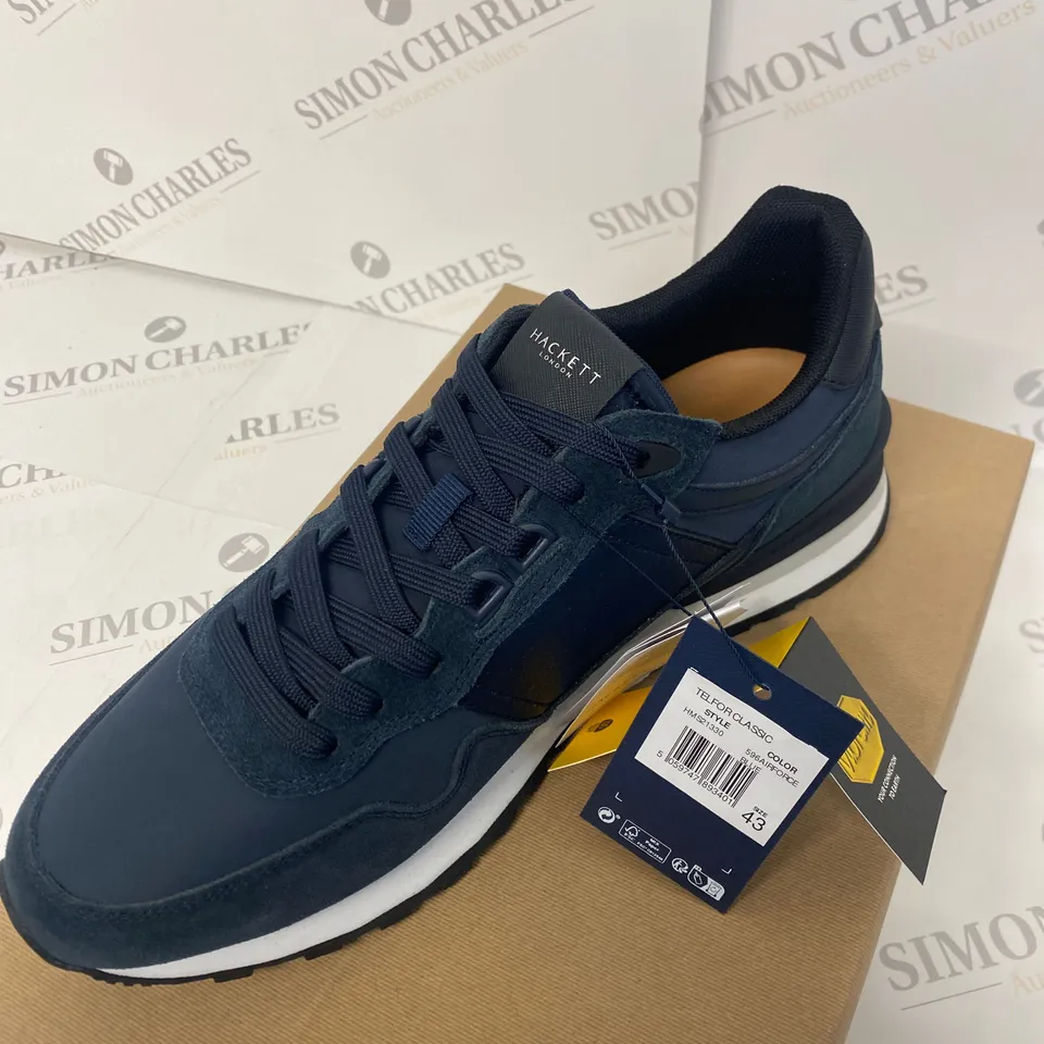 BOXED PAIR OF HACKETT NAVY TRAINERS SIZE 9