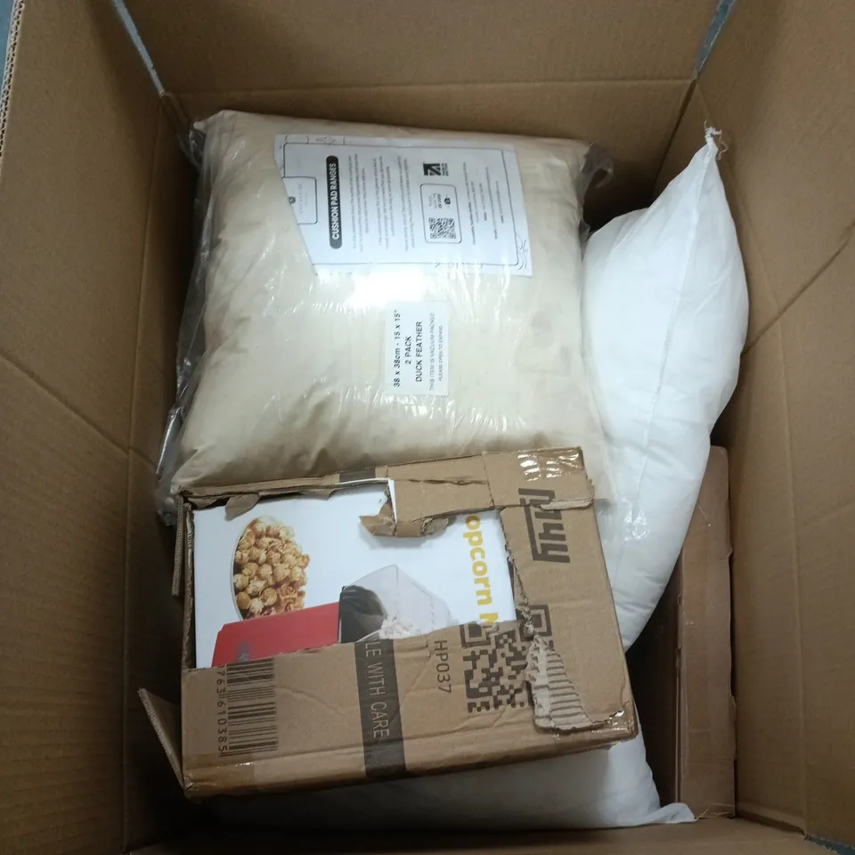 BOX OF APPROXIMATELY 5 ASSORTED ITEMS INCLUDING PILLOWS AND A MYY POPCORN MAKER