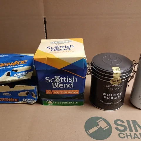 APPROX 10 ASSORTED FOOD AND DRIN ITEMS TO INCLUDE -  Grenade bars, Scottish Blend water, Whisky Fudge tin, Huel shake bottle