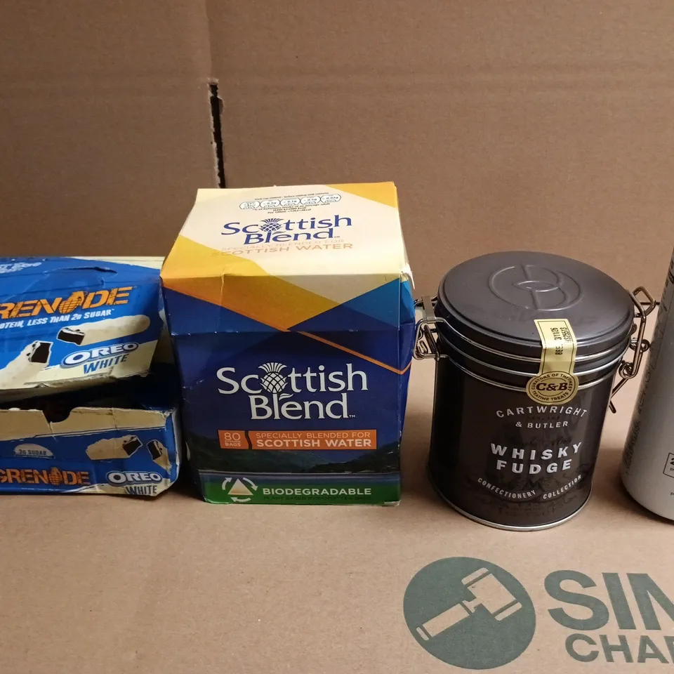 APPROX 10 ASSORTED FOOD AND DRIN ITEMS TO INCLUDE -  Grenade bars, Scottish Blend water, Whisky Fudge tin, Huel shake bottle