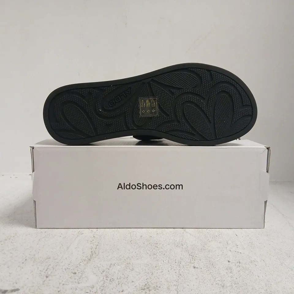 BOXED PAIR OF ALDO OPEN TOE LOW WEDGE SANDALS IN BLACK SIZE UK 7