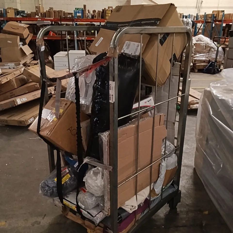 CAGE OF ASSORTED HOUSEHOLD GOODS AND PRODUCTS, TO INCLUDE CURTAIN SETS , BEDDING SETS AND PRINTED CANVAS ART - CAGE NOT INCLUDED 