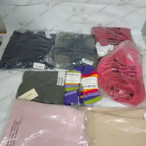 LARGE BOX OF ASSORTED CLOTHING ITEMS IN VARIOUS COLOURS AND SIZES INCLUDING TROUSERS , TOPS AND JUMPERS