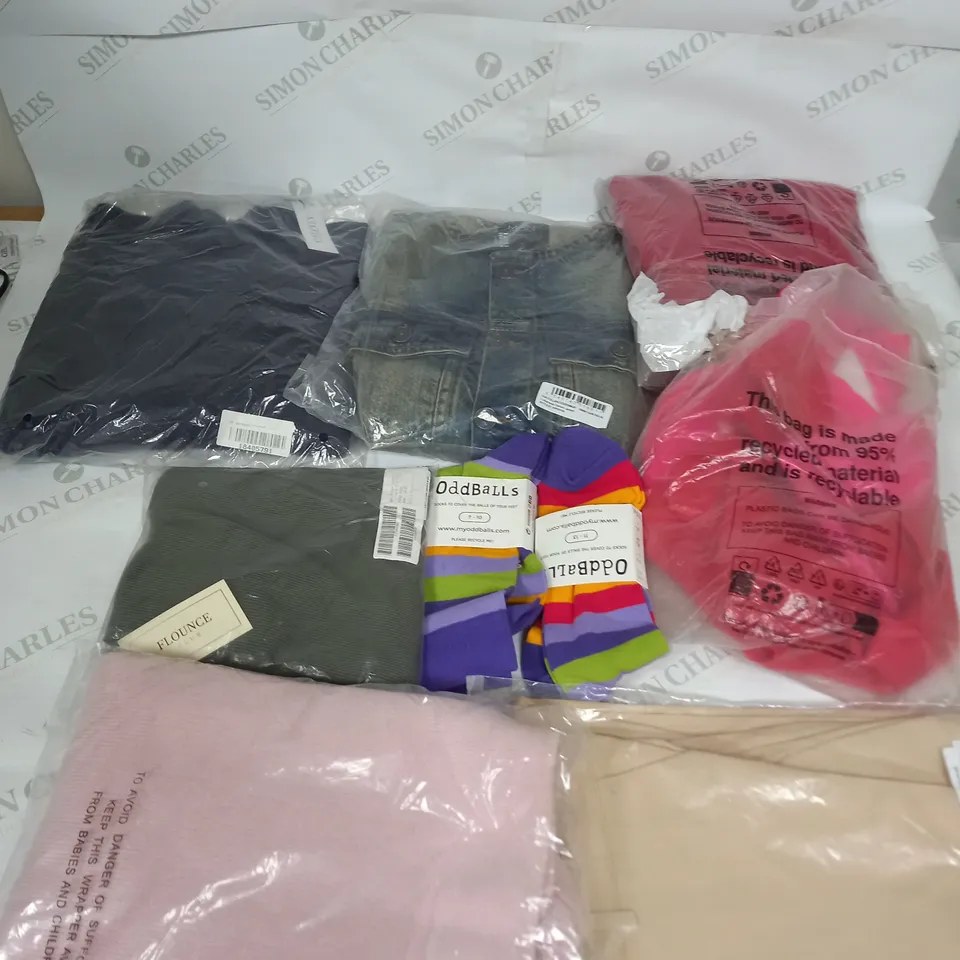 LARGE BOX OF ASSORTED CLOTHING ITEMS IN VARIOUS COLOURS AND SIZES INCLUDING TROUSERS , TOPS AND JUMPERS