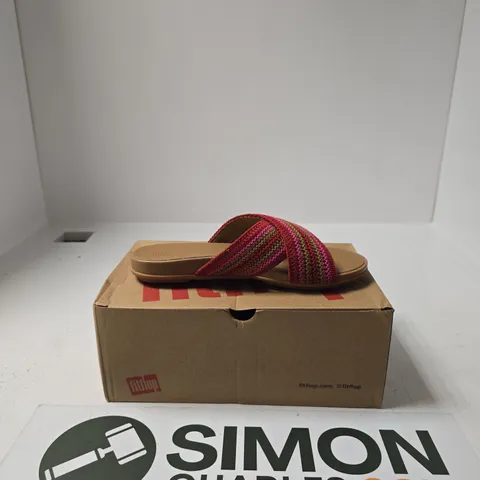 BOXED PAIR OF FITFLOP GRACIE STRIPE WEBBING CROSS SLIDES SIZE UK 4.5