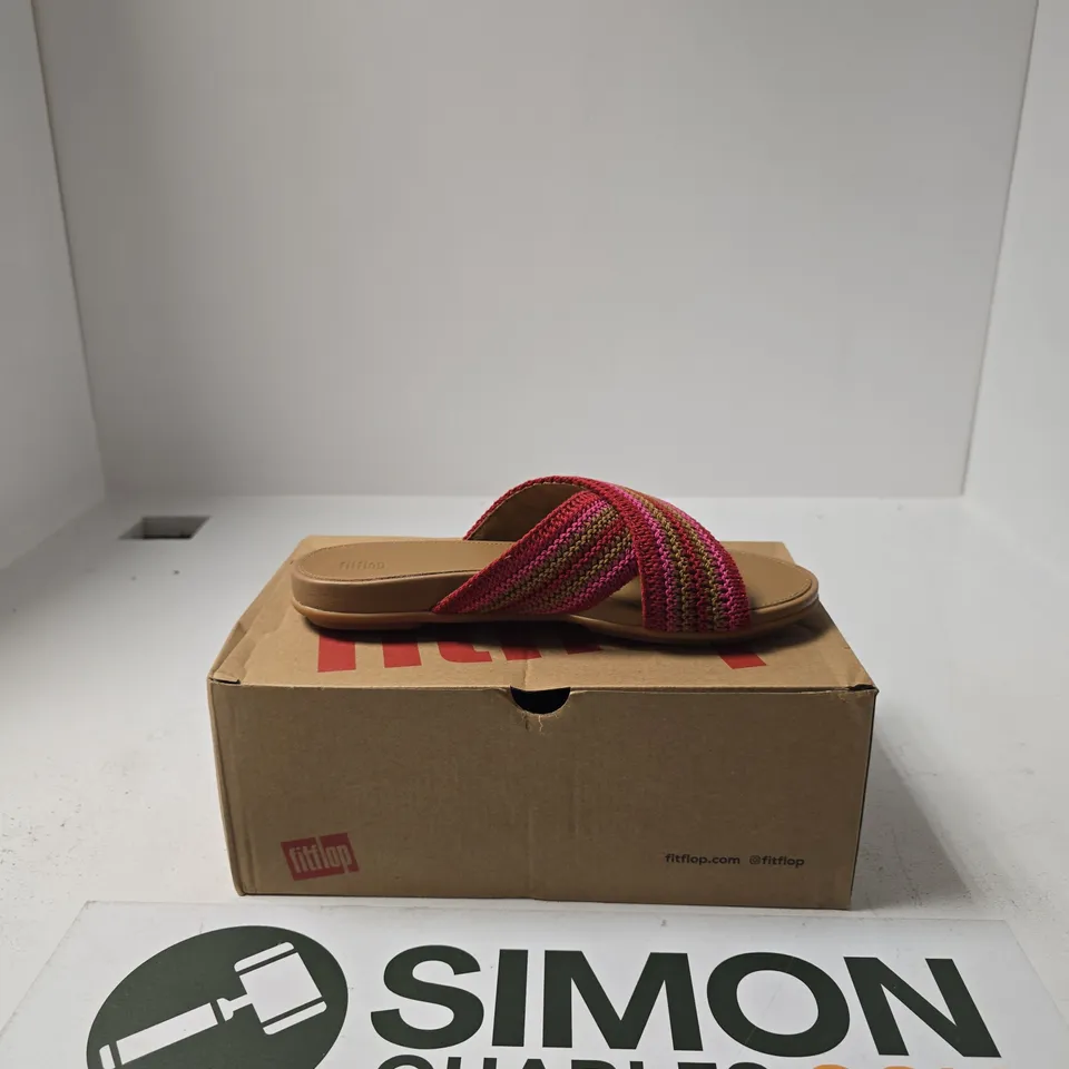 BOXED PAIR OF FITFLOP GRACIE STRIPE WEBBING CROSS SLIDES SIZE UK 4.5
