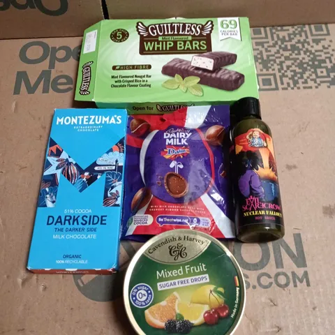 APPROXIMATELY 10 ASSORTED FOOD/DRINK PRODUCTS TO INCLUDE WHIP BARS, DAIRY MILK, MONTEZUMAS ETC