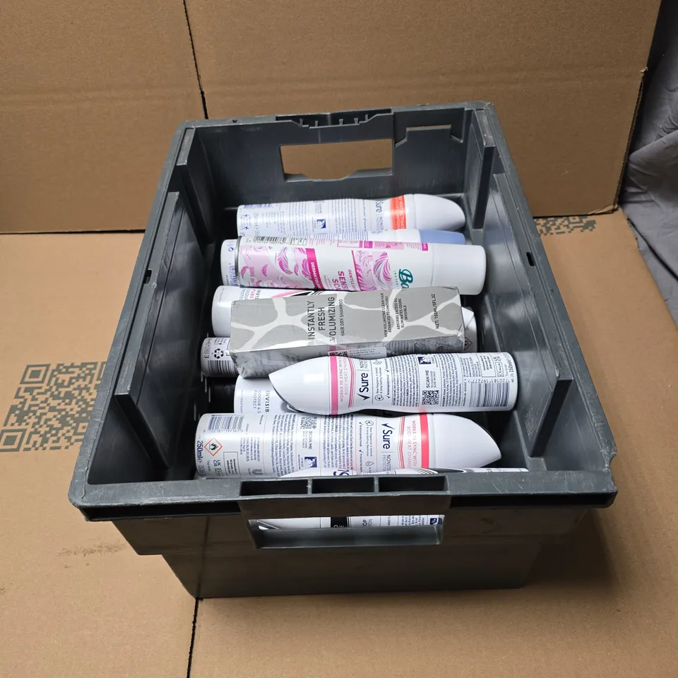 TOTE OF APPROXIMATELY 15 ASSORTED AEROSOL PRODUCTS TO INCLUDE MOLICARE SKIN CLEANSING FOAM, SURE INVISIBLE, BATISTE SENSITIVE SCALP SHAMPOO, INSETTE HAIR SPRAY ETC