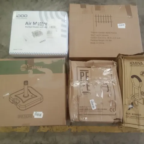 PALLET OF ASSORTED ITEMS INCLUDING SEKEY PARASOL BASE, AIR MATTRESS, THEALYN GARDEN METAL FENCE, KMINA PADDED BATHTUB GRAB RAIL, PEPE TOILET RISER WITH HANDLES