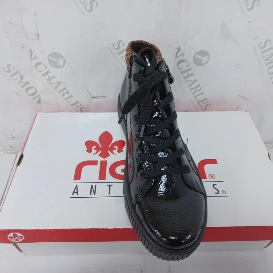 BOXED PAIR OF RIEKER HIGH TOP LEOPARD CUFF TRAINERS BLACK SIZE 5