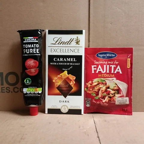 APPROXIMATELY 10 ASSORTED FOOD AND DRINK ITEMS TO INCLUDE LINDT EXCELLENCE, TOMATO PURÉE, ETC