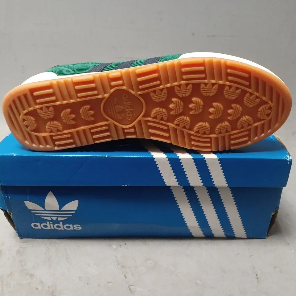 BOXED PAIR OF ADIDAS CORD TRAINERS IN COLLEGIATE GREEN - UK SIZE 7.5