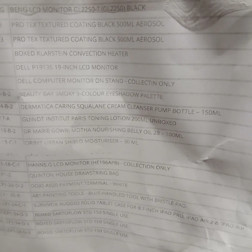 APPROXIMATELY 20 ASSORTED PRODUCTS TO INCLUDE; MONITORS, QUINTON HOUSE DRAWSTRING BAG, SARTOFLOW STD 150 SINGLE USE, BEAUTY BAY SMOKY 9 COLOUR EYE PALETTE