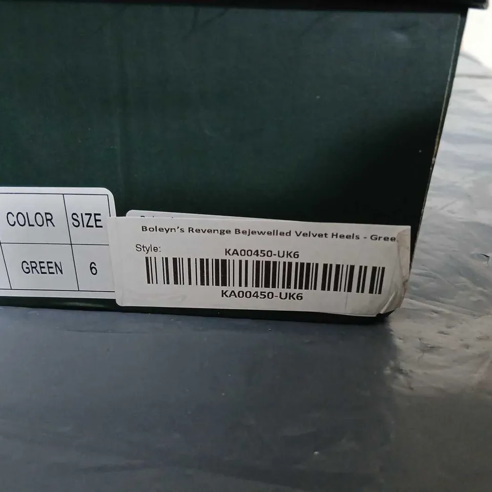 KOI BOLEYN'S REVENGE BEJEWELED VELVET HEELS - GREEN, UK8