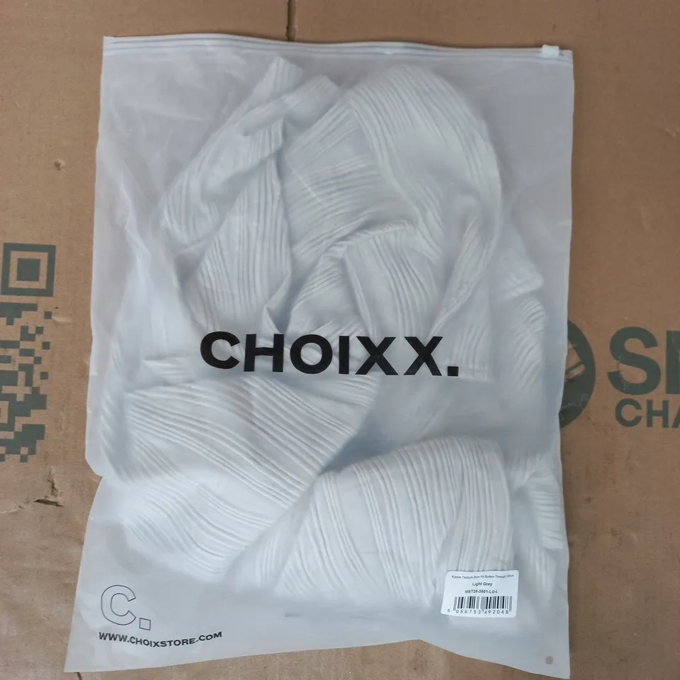 BAGGED CHOIXX RIPPLE TEXTURE SLIM FIT BUTTON THROUGH SHIRT IN LIGHT GREY SIZE LARGE