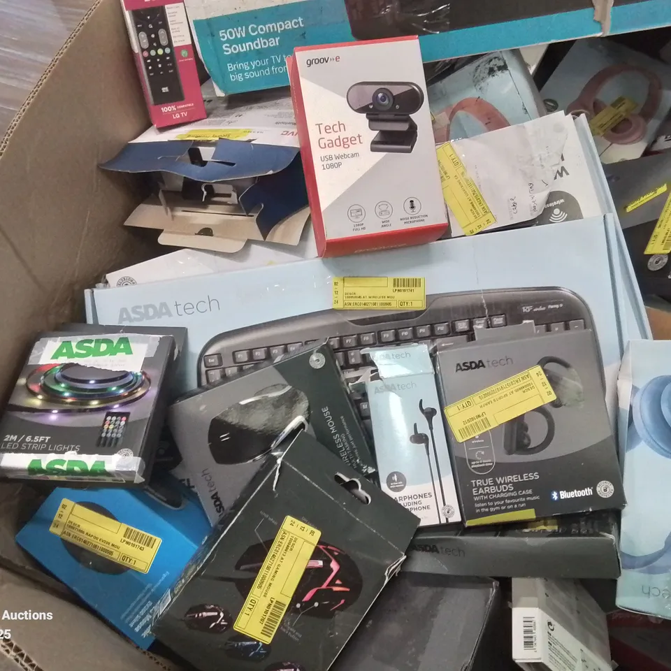 PALLET CONTAINING VARIOUS ASSORTED BOXED ELECTRONIC ITEMS TO INCLUDE: SEVERAL PRINTERS, KEYBOARDS,CHARGERS, HEADPHONES, SPEAKERS ETC.