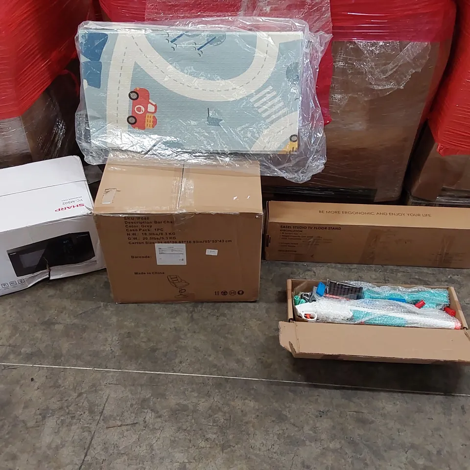 PALLET OF ASSORTED ITEMS INCLUDING: SHARP MICROWAVE, BAR CHAIR, PAPER SHREDDER, EASEL STUDIO TV FLOOR STAND, KID'S NERF STYLE TOY GUN, PLAY MAT