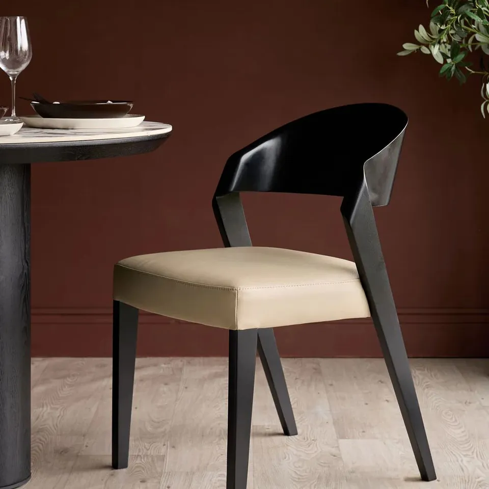 BOXED PAIR OF ENZO NATURAL LEATHER DINING CHAIRS