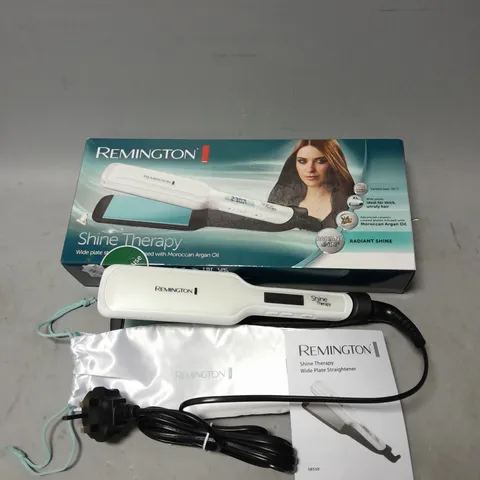 BOXED REMINGTON SHINE THERAPY WIDE PLATE HAIR STRAIGHTENER IN WHITE