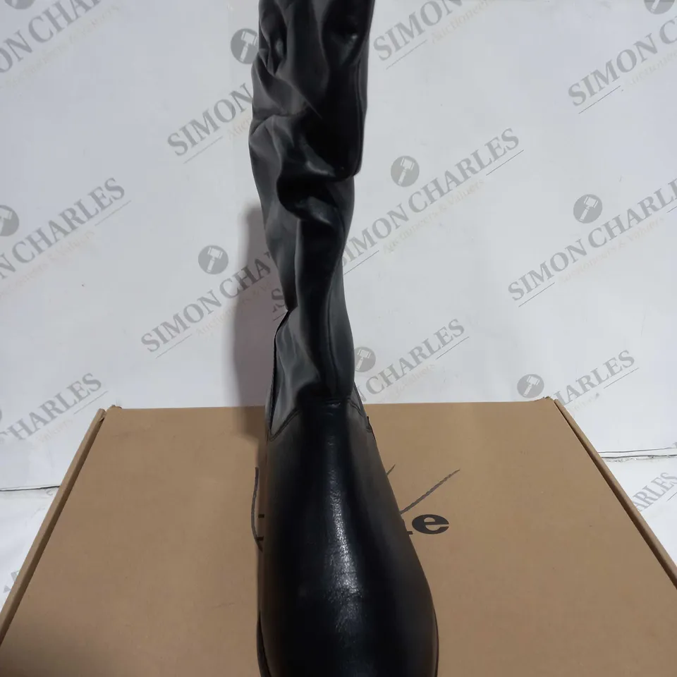 BOXED DUNE LEATHER RUCHED CALF BOOTS, BLACK - SIZE 6